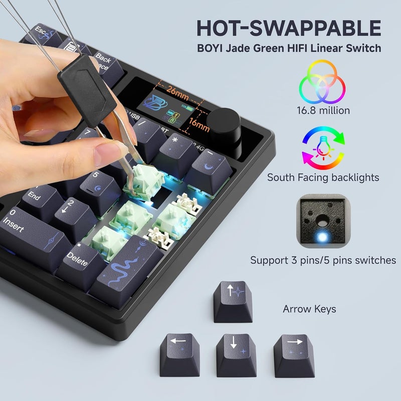 Boyi TD31Pro Mechanical Number Pad,Bluetooth5.0/2.4G/Type-C Wireless Numeric Keypad,RGB HotSwap Numpad with Screen&Knob,PBT Keycaps Gasket keypad Programmable for Win/Mac/Gaming(Black-Star Moon) - Image 4